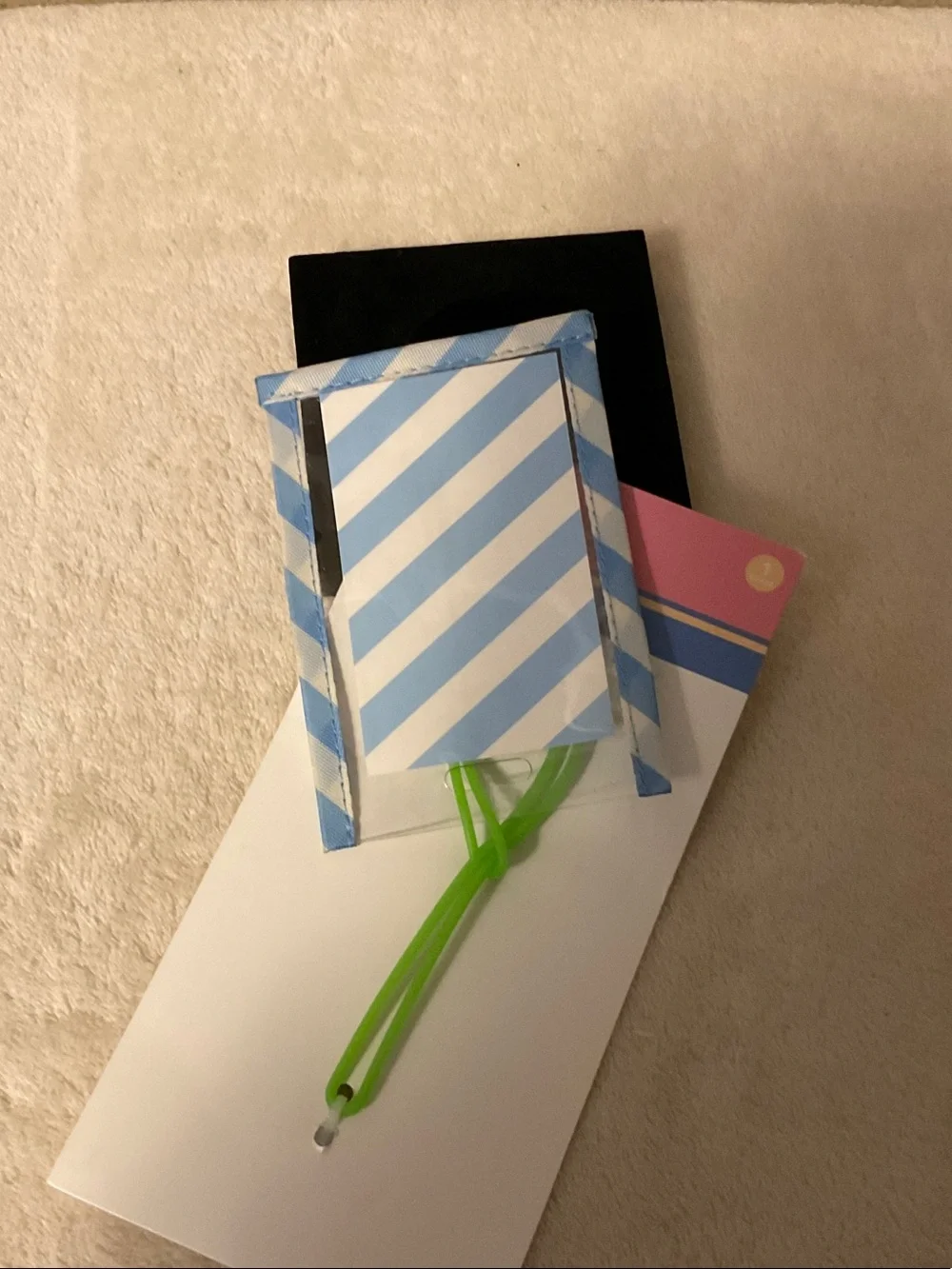 Striped Blue & White Luggage Bag Tag with Green Loop